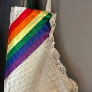 Handmade Quilted Cream Apron with Satin Rainbow Stripes and Eyelet Trim